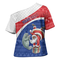Personalized Cape Verde Christmas Cross Shoulder Shirt Black Santa Clause With The Manatee - Wonder Print Shop