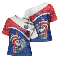 Personalized Cape Verde Christmas Cross Shoulder Shirt Black Santa Clause With The Manatee - Wonder Print Shop