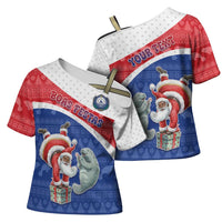 Personalized Cape Verde Christmas Cross Shoulder Shirt Black Santa Clause With The Manatee - Wonder Print Shop