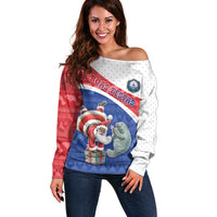 Personalized Cape Verde Christmas Off Shoulder Sweater Black Santa Clause With The Manatee - Wonder Print Shop