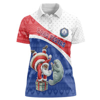 Personalized Cape Verde Christmas Women Polo Shirt Black Santa Clause With The Manatee - Wonder Print Shop