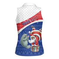 Personalized Cape Verde Christmas Women Sleeveless Polo Shirt Black Santa Clause With The Manatee - Wonder Print Shop