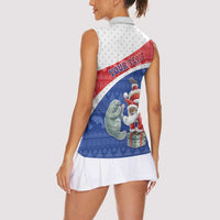 Personalized Cape Verde Christmas Women Sleeveless Polo Shirt Black Santa Clause With The Manatee - Wonder Print Shop