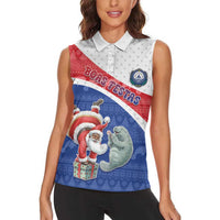 Personalized Cape Verde Christmas Women Sleeveless Polo Shirt Black Santa Clause With The Manatee - Wonder Print Shop
