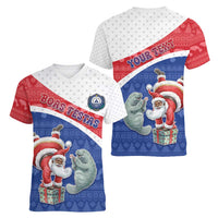 Personalized Cape Verde Christmas Women V-Neck T-Shirt Black Santa Clause With The Manatee - Wonder Print Shop