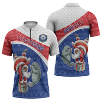 Personalized Cape Verde Christmas Zipper Polo Shirt Black Santa Clause With The Manatee - Wonder Print Shop
