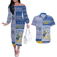 Ukraine Ded Moroz And Snegurochka Christmas Couples Matching Off The Shoulder Long Sleeve Dress and Hawaiian Shirt With Wool Effect Patterns - Wonder Print Shop