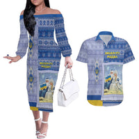 Ukraine Ded Moroz And Snegurochka Christmas Couples Matching Off The Shoulder Long Sleeve Dress and Hawaiian Shirt With Wool Effect Patterns - Wonder Print Shop
