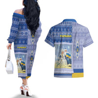 Ukraine Ded Moroz And Snegurochka Christmas Couples Matching Off The Shoulder Long Sleeve Dress and Hawaiian Shirt With Wool Effect Patterns - Wonder Print Shop