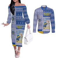 Ukraine Ded Moroz And Snegurochka Christmas Couples Matching Off The Shoulder Long Sleeve Dress and Long Sleeve Button Shirt With Wool Effect Patterns - Wonder Print Shop