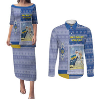 Ukraine Ded Moroz And Snegurochka Christmas Couples Matching Puletasi and Long Sleeve Button Shirt With Wool Effect Patterns - Wonder Print Shop