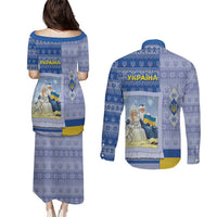 Ukraine Ded Moroz And Snegurochka Christmas Couples Matching Puletasi and Long Sleeve Button Shirt With Wool Effect Patterns - Wonder Print Shop