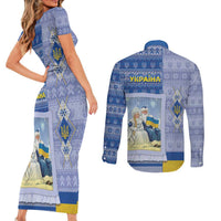 Ukraine Ded Moroz And Snegurochka Christmas Couples Matching Short Sleeve Bodycon Dress and Long Sleeve Button Shirt With Wool Effect Patterns - Wonder Print Shop