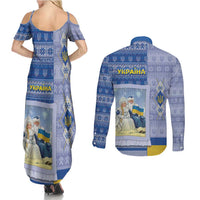 Ukraine Ded Moroz And Snegurochka Christmas Couples Matching Summer Maxi Dress and Long Sleeve Button Shirt With Wool Effect Patterns - Wonder Print Shop