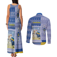 Ukraine Ded Moroz And Snegurochka Christmas Couples Matching Tank Maxi Dress and Long Sleeve Button Shirt With Wool Effect Patterns - Wonder Print Shop