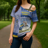 Ukraine Ded Moroz And Snegurochka Christmas Cross Shoulder Shirt With Wool Effect Patterns - Wonder Print Shop