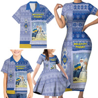 Ukraine Ded Moroz And Snegurochka Christmas Family Matching Short Sleeve Bodycon Dress and Hawaiian Shirt With Wool Effect Patterns - Wonder Print Shop