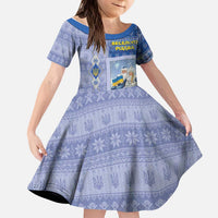 Ukraine Ded Moroz And Snegurochka Christmas Kid Short Sleeve Dress With Wool Effect Patterns - Wonder Print Shop