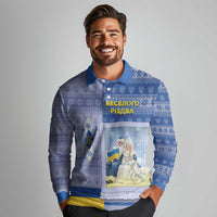Ukraine Ded Moroz And Snegurochka Christmas Long Sleeve Polo Shirt With Wool Effect Patterns - Wonder Print Shop