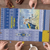 Ukraine Ded Moroz And Snegurochka Christmas Puzzle With Wool Effect Patterns - Wonder Print Shop