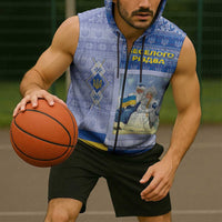 Ukraine Ded Moroz And Snegurochka Christmas Sleeveless Zip Hoodie With Wool Effect Patterns - Wonder Print Shop