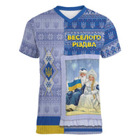 Ukraine Ded Moroz And Snegurochka Christmas Women V-Neck T-Shirt With Wool Effect Patterns - Wonder Print Shop
