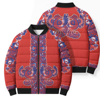 Red Russian National Costume Bomber Puffer Jacket Rooster Motifs Traditional Folk Pattern - Wonder Print Shop