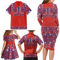 Red Russian National Costume Family Matching Long Sleeve Bodycon Dress and Hawaiian Shirt Rooster Motifs Traditional Folk Pattern - Wonder Print Shop