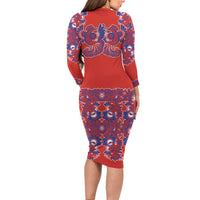 Red Russian National Costume Family Matching Long Sleeve Bodycon Dress and Hawaiian Shirt Rooster Motifs Traditional Folk Pattern - Wonder Print Shop