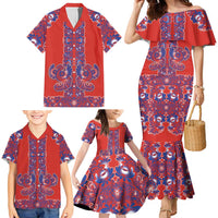 Red Russian National Costume Family Matching Mermaid Dress and Hawaiian Shirt Rooster Motifs Traditional Folk Pattern - Wonder Print Shop