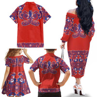 Red Russian National Costume Family Matching Off The Shoulder Long Sleeve Dress and Hawaiian Shirt Rooster Motifs Traditional Folk Pattern - Wonder Print Shop