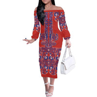 Red Russian National Costume Family Matching Off The Shoulder Long Sleeve Dress and Hawaiian Shirt Rooster Motifs Traditional Folk Pattern - Wonder Print Shop