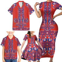 Red Russian National Costume Family Matching Short Sleeve Bodycon Dress and Hawaiian Shirt Rooster Motifs Traditional Folk Pattern - Wonder Print Shop