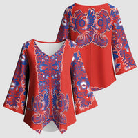 Red Russian National Costume Kimono Sleeve Blouse Rooster Motifs Traditional Folk Pattern - Wonder Print Shop