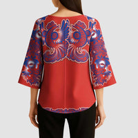 Red Russian National Costume Kimono Sleeve Blouse Rooster Motifs Traditional Folk Pattern - Wonder Print Shop