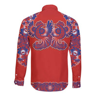 Red Russian National Costume Long Sleeve Button Shirt Rooster Motifs Traditional Folk Pattern - Wonder Print Shop