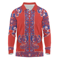 Red Russian National Costume Long Sleeve Polo Shirt Rooster Motifs Traditional Folk Pattern - Wonder Print Shop