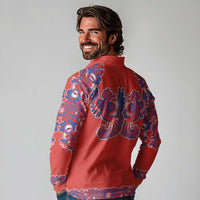 Red Russian National Costume Long Sleeve Polo Shirt Rooster Motifs Traditional Folk Pattern - Wonder Print Shop