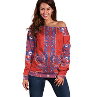 Red Russian National Costume Off Shoulder Sweater Rooster Motifs Traditional Folk Pattern - Wonder Print Shop