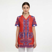 Red Russian National Costume Scrub Top Rooster Motifs Traditional Folk Pattern - Wonder Print Shop