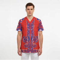 Red Russian National Costume Scrub Top Rooster Motifs Traditional Folk Pattern - Wonder Print Shop