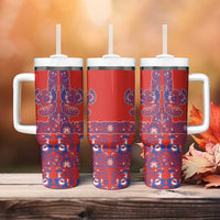 Red Russian National Costume Tumbler With Handle Rooster Motifs Traditional Folk Pattern - Wonder Print Shop