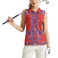 Red Russian National Costume Women Sleeveless Polo Shirt Rooster Motifs Traditional Folk Pattern - Wonder Print Shop
