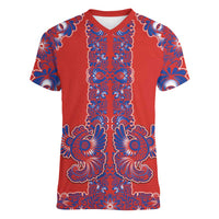 Red Russian National Costume Women V-Neck T-Shirt Rooster Motifs Traditional Folk Pattern - Wonder Print Shop
