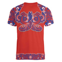 Red Russian National Costume Women V-Neck T-Shirt Rooster Motifs Traditional Folk Pattern - Wonder Print Shop
