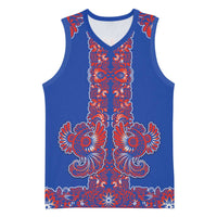 Blue Russian National Costume Basketball Jersey Rooster Motifs Traditional Folk Pattern - Wonder Print Shop