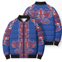 Blue Russian National Costume Bomber Puffer Jacket Rooster Motifs Traditional Folk Pattern - Wonder Print Shop