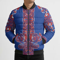 Blue Russian National Costume Bomber Puffer Jacket Rooster Motifs Traditional Folk Pattern - Wonder Print Shop