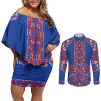 Blue Russian National Costume Couples Matching Off Shoulder Short Dress and Long Sleeve Button Shirt Rooster Motifs Traditional Folk Pattern - Wonder Print Shop