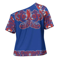 Blue Russian National Costume Cross Shoulder Shirt Rooster Motifs Traditional Folk Pattern - Wonder Print Shop